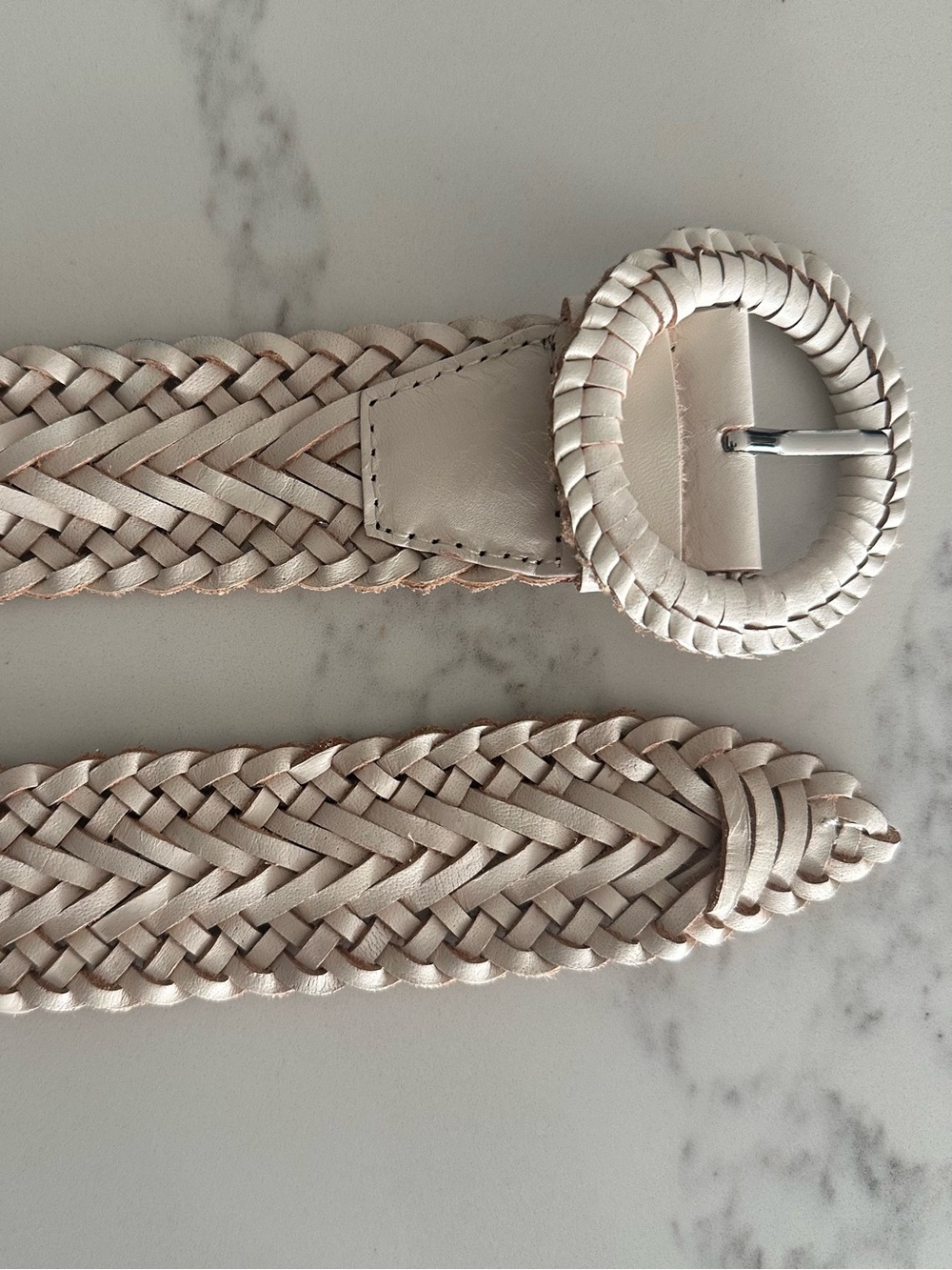 Banana Republic Wide Woven Braided Leather Belt Round Buckle Maple Cream Small